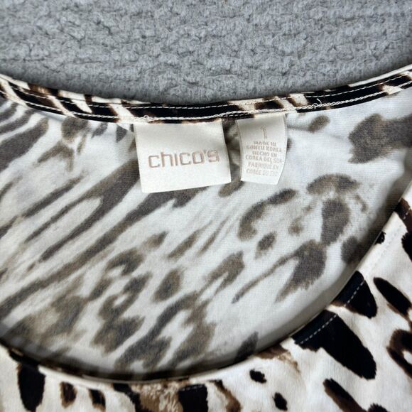 Chico's  Tunic Top Womens 1 Brown Leopard Print 3/4 sleeve Asymmetric Coastal - Picture 3 of 8